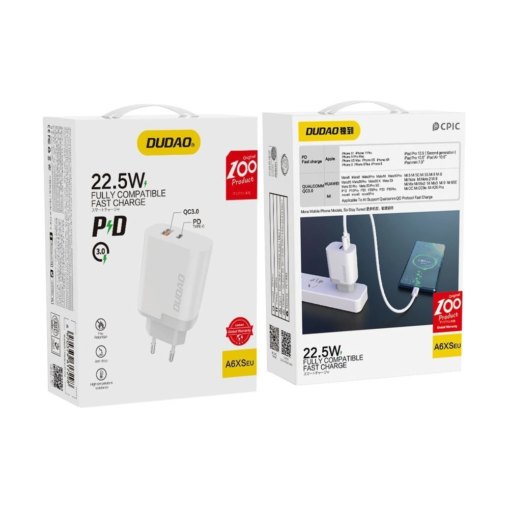 Hurtownia GSM - Încărcător de rețea Dudao USB/USB-C Power Delivery Quick Charge 3.0 3A 22,5W alb (A6xsEU white) - DDA46 - {ean13} - Hurt