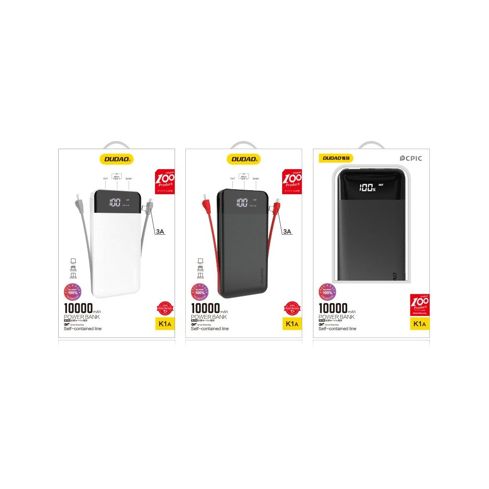 Hurtownia GSM - Powerbank Dudao 2xUSB 10000mAh 2A integriertes Kabel 3w1 Lightning/USB-C/microUSB 3A schwarz (K1A) - DDA47 - {ean13} - Hurt