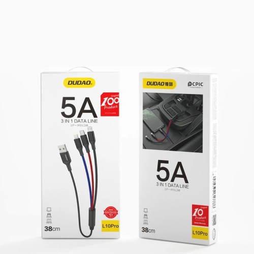 Kabel Dudao 3w1 USB - Lightning/USB-C/microUSB 5A 38cm czarny (L10pro)