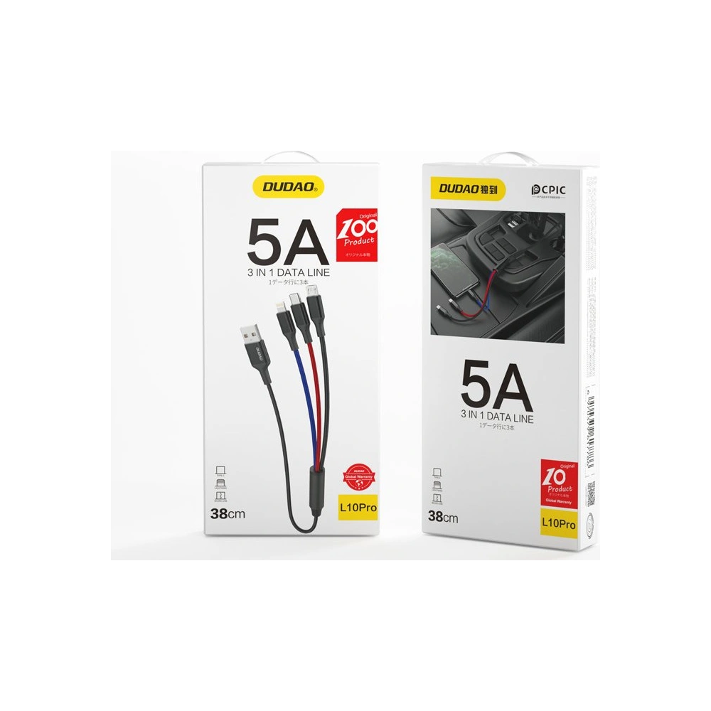 Hurtownia GSM - Kabel Dudao 3w1 USB - Lightning/USB-C/microUSB 5A 38cm černý (L10pro) - DDA52 - {ean13} - Hurt