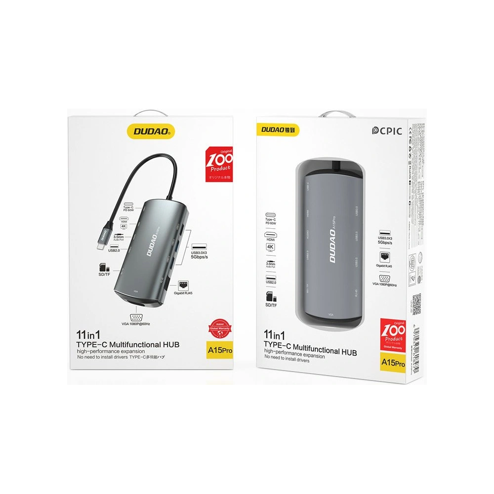 Wholesale Hub Dudao 11in1 USB-C - USB-C PD 60 W/HDMI/3,5 mm mini jack/USB 2.0/card reader/VGA/RJ45/3x USB 3.2 Gen 1 gray (A15Pro) - DDA66 - {ean13} - Hurt