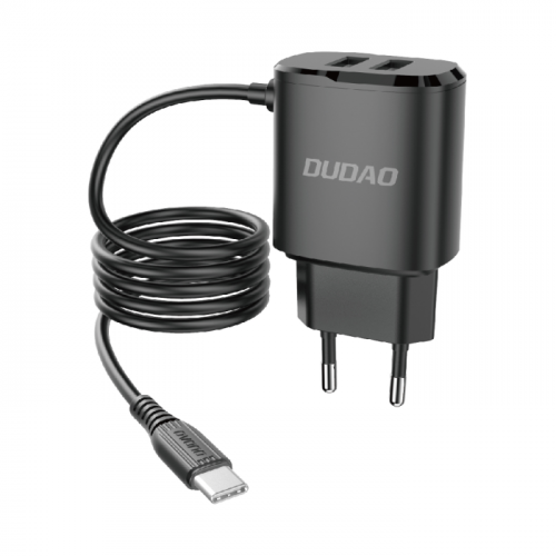 Dudao Distributor - 6970379610299 - DDA86 - Dudao 2x USB wall charger with built-in USB Type C cable 12 W black (A2ProT black) - B2B homescreen