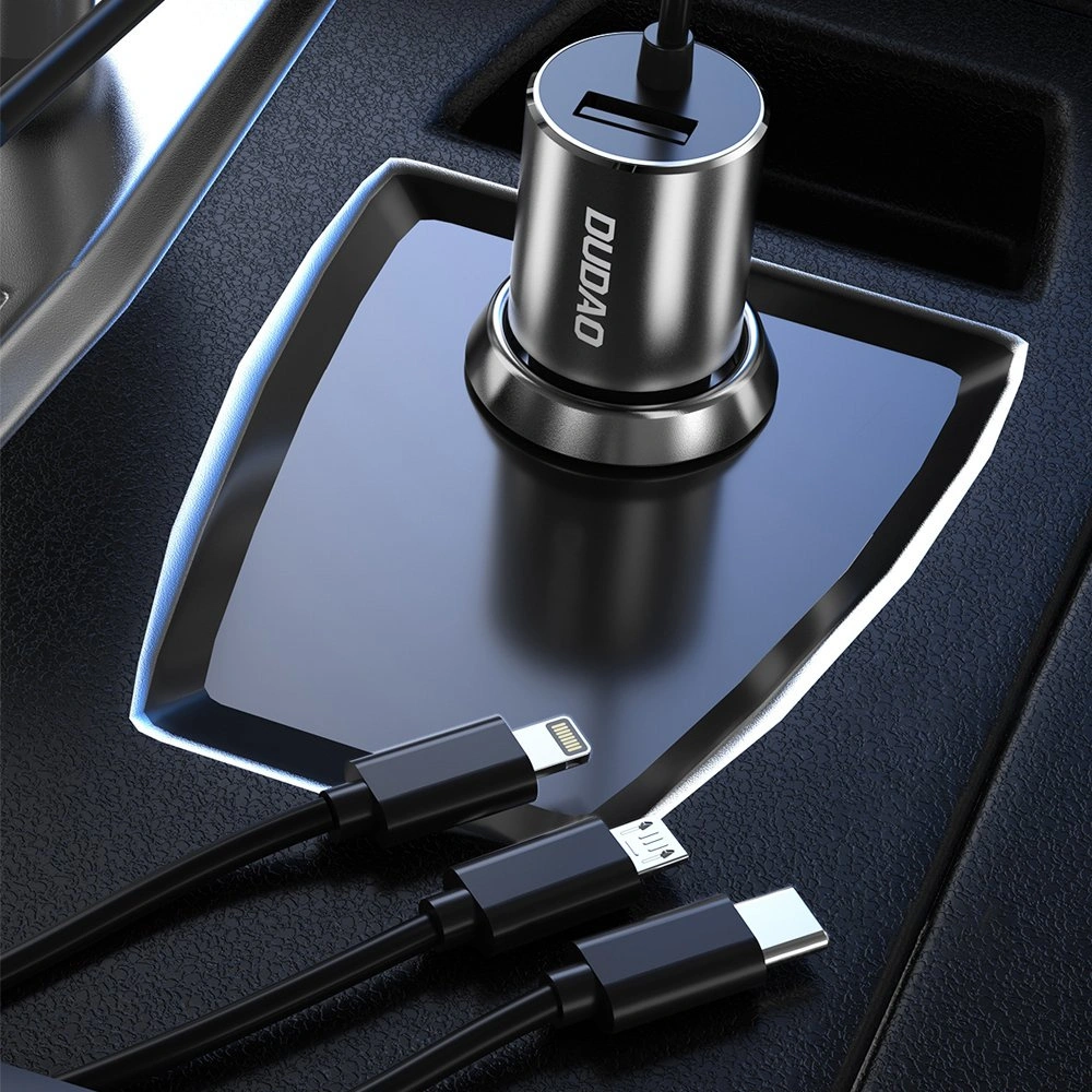 Hurtownia GSM - Auto nabíječka Dudao 3w1 USB 3,4 A s vestavěným kabelem Lightning/USB-C/microUSB černá (R5ProN) - DDA111 - {ean13} - Hurt