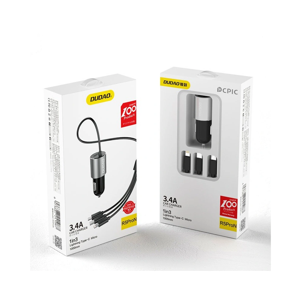 Hurtownia GSM - Autoladegerät Dudao 3w1 USB 3,4 A mit integriertem Lightning/USB-C/microUSB Kabel schwarz (R5ProN) - DDA111 - {ean13} - Hurt