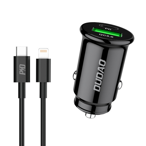 Dudao Distributor - 6973687242497 - DDA127 - Dudao fast car charger with USB ports QC3.0 + Type C PD black + USB-C cable - Lightning 18W black (R3PRO) - B2B homescreen