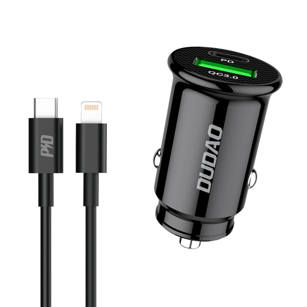 Hurtownia GSM - Auto nabíječka Dudao s porty USB QC3.0 + USB-C PD černá + kabel USB-C - Lightning 18W černá (R3PRO) - DDA127 - {ean13} - Hurt