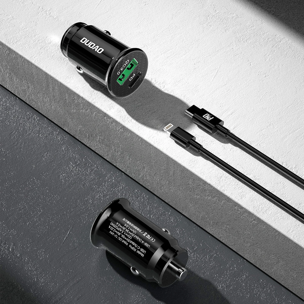 Hurtownia GSM - Auto nabíječka Dudao s porty USB QC3.0 + USB-C PD černá + kabel USB-C - Lightning 18W černá (R3PRO) - DDA127 - {ean13} - Hurt