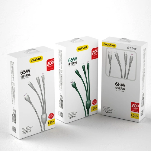 Kabel Dudao 3w1 USB - Lightning/microUSB/USB-C 65W 1,2m szary (L20X)