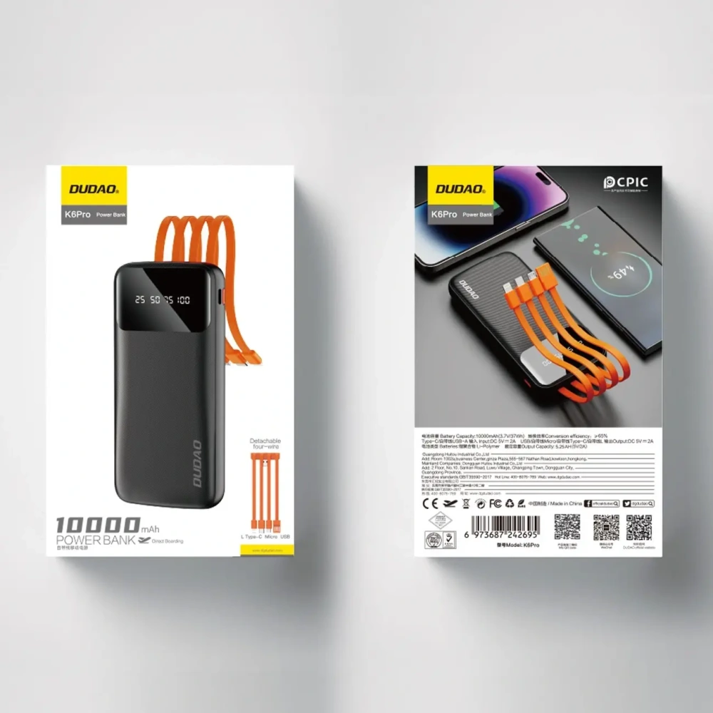Hurtownia GSM - Powerbank Dudao 10000mAh s kabelem USB, USB-C, Lightning bílý (K6Pro) - DDA161 - {ean13} - Hurt