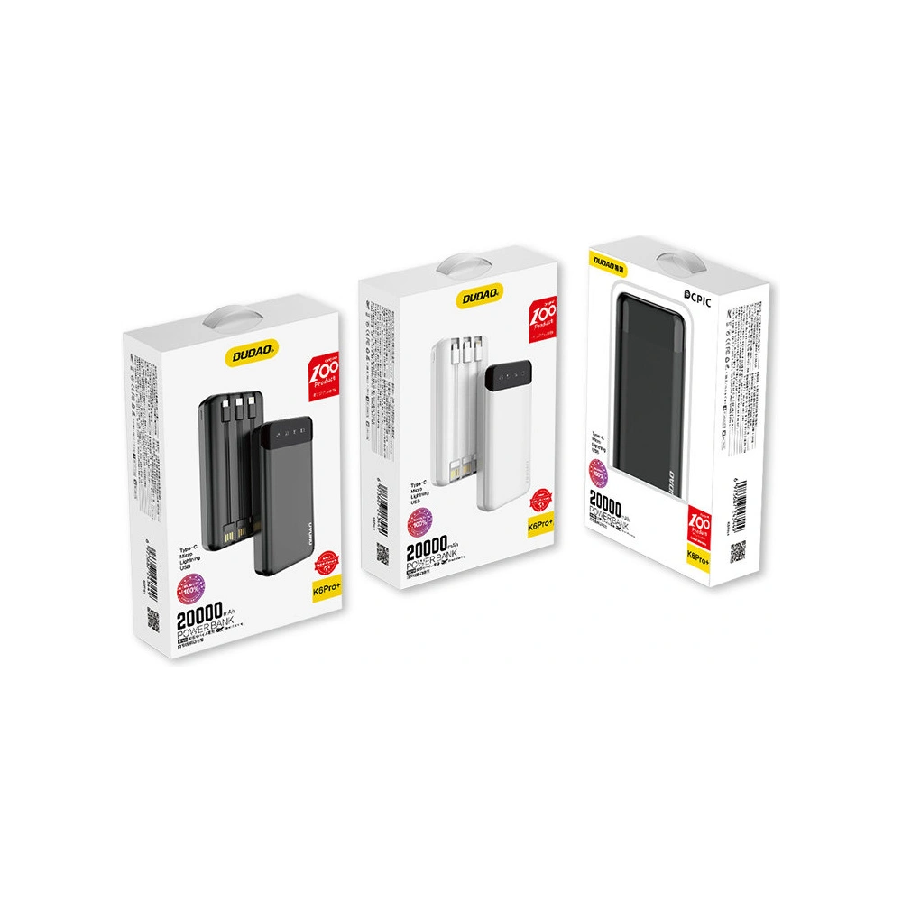 Hurtownia GSM - Powerbank Dudao 20000mAh s 3 vestavěnými kabely USB-C/microUSB/Lightning černý (K6Pro+) - DDA166 - {ean13} - Hurt