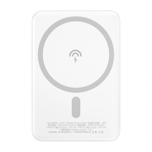 Powerbank z ładowaniem bezprzewodowym Dudao MagSafe 5000mAh + pierścień do ładowania magnetycznego biały (K14S)