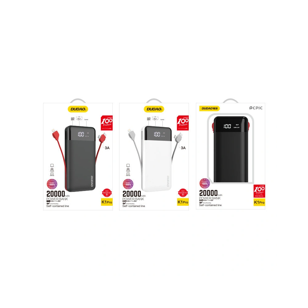 Wholesale Dudao K1Pro powerbank 20000mAh with built-in cables black (K1Pro-black) - DDA189 - {ean13} - Hurt