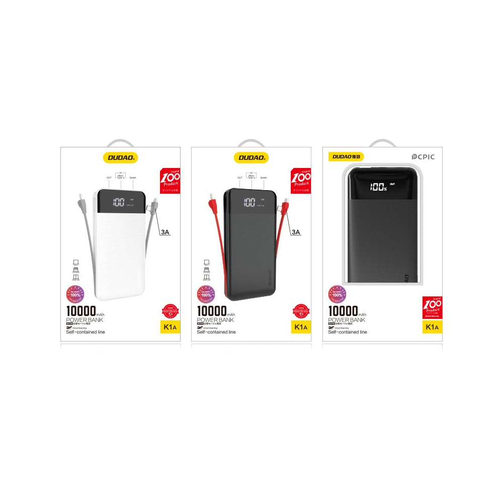 Hurtownia GSM - Powerbank Dudao 2xUSB 10000mAh 2A vestavěný kabel 3w1 Lightning/USB-C/microUSB 3A bílý (K1A) - DDA190 - {ean13} - Hurt