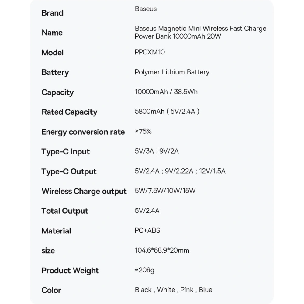 Hurtownia GSM - Powerbank Baseus Magnetic Mini 10000mAh 20W černý + kabel USB-C/USB-C 60W (20V/3A) 0,5m černý - BSU3646 - {ean13} - Hurt