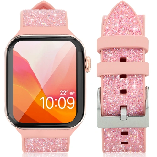 Kingxbar Crystal Fabric Band Apple Watch 4/5/6/7/SE/8/9/Ultra 44/45/49mm różowy