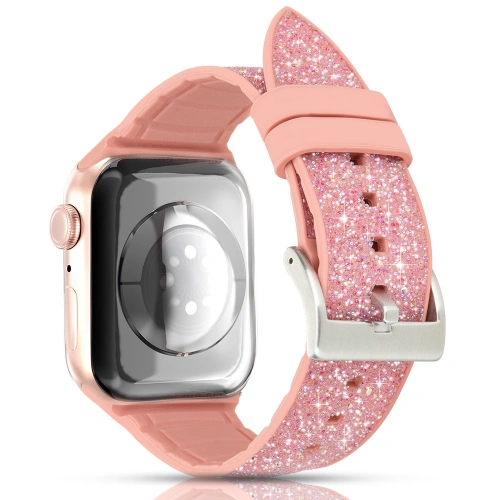 Kingxbar Crystal Fabric Band Apple Watch 4/5/6/7/SE/8/9/Ultra 44/45/49mm różowy