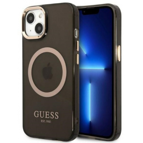 Guess Distributor - 3666339057022 - GUE2235 - Guess GUHMP13MHTCMK Apple iPhone 13 black hard case Gold Outline Translucent MagSafe - B2B homescreen