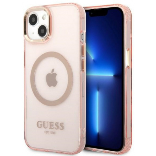Guess Distributor - 3666339057107 - GUE2236 - Guess GUHMP13MHTCMP Apple iPhone 13 pink hard case Gold Outline Translucent MagSafe - B2B homescreen