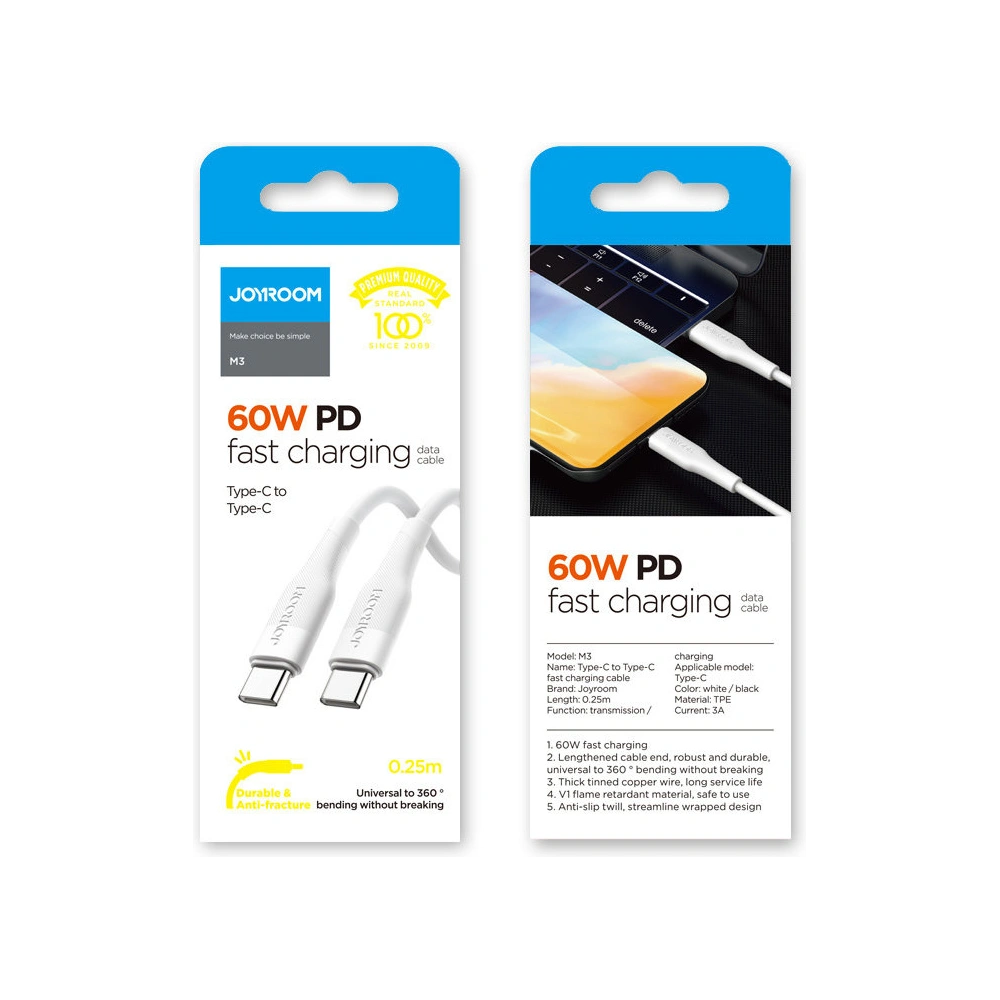 Wholesale Joyroom USB-C - USB-C cable Power Delivery 60W 3A 0.25m white (S-02530M3 White) - JYR225 - {ean13} - Hurt
