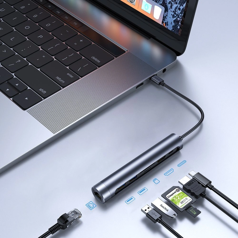 Hurtownia GSM - HUB Joyroom 7v1 USB-C 100W/HDMI 4K 30 Hz/RJ-45/čtečka karet SD a microSD/2x USB 3.0 (S-H111) - JYR239 - {ean13} - Hurt