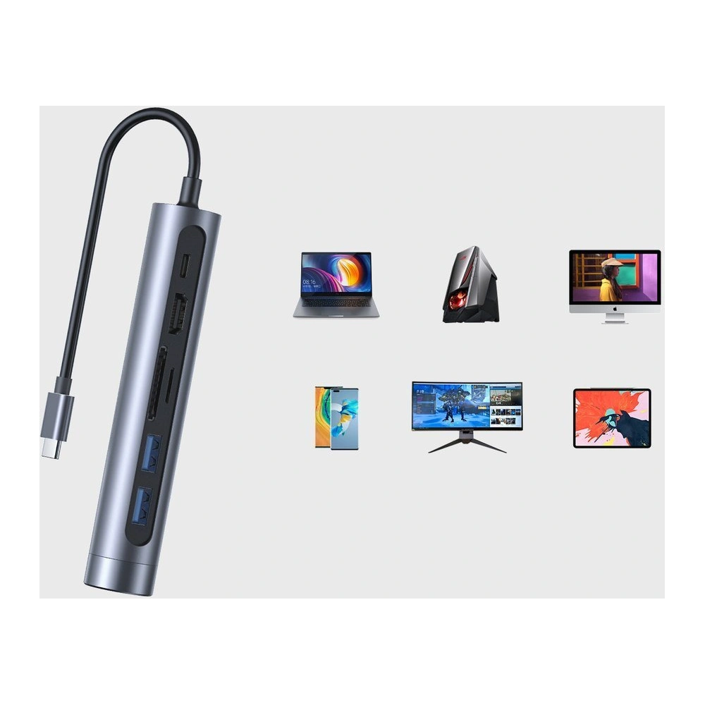 Hurtownia GSM - HUB Joyroom 7v1 USB-C 100W/HDMI 4K 30 Hz/RJ-45/čtečka karet SD a microSD/2x USB 3.0 (S-H111) - JYR239 - {ean13} - Hurt