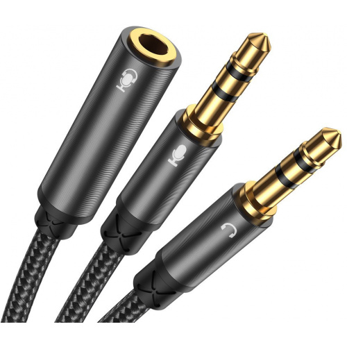 Joyroom Distributor - 6941237155016 - JYR252 - Joyroom AUX splitter cable 3.5 mm mini jack (female) - 2x 3.5 mm mini jack (male - microphone and headphones) 0.2 m black (SY-A05) - B2B homescreen