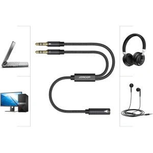 Wholesale Joyroom AUX splitter cable 3.5 mm mini jack (female) - 2x 3.5 mm mini jack (male - microphone and headphones) 0.2 m black (SY-A05) - JYR252 - {ean13} - Hurt