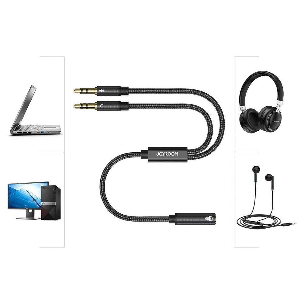Wholesale Joyroom AUX splitter cable 3.5 mm mini jack (female) - 2x 3.5 mm mini jack (male - microphone and headphones) 0.2 m black (SY-A05) - JYR252 - {ean13} - Hurt