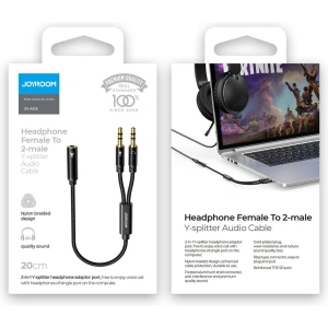 Wholesale Joyroom AUX splitter cable 3.5 mm mini jack (female) - 2x 3.5 mm mini jack (male - microphone and headphones) 0.2 m black (SY-A05) - JYR252 - {ean13} - Hurt