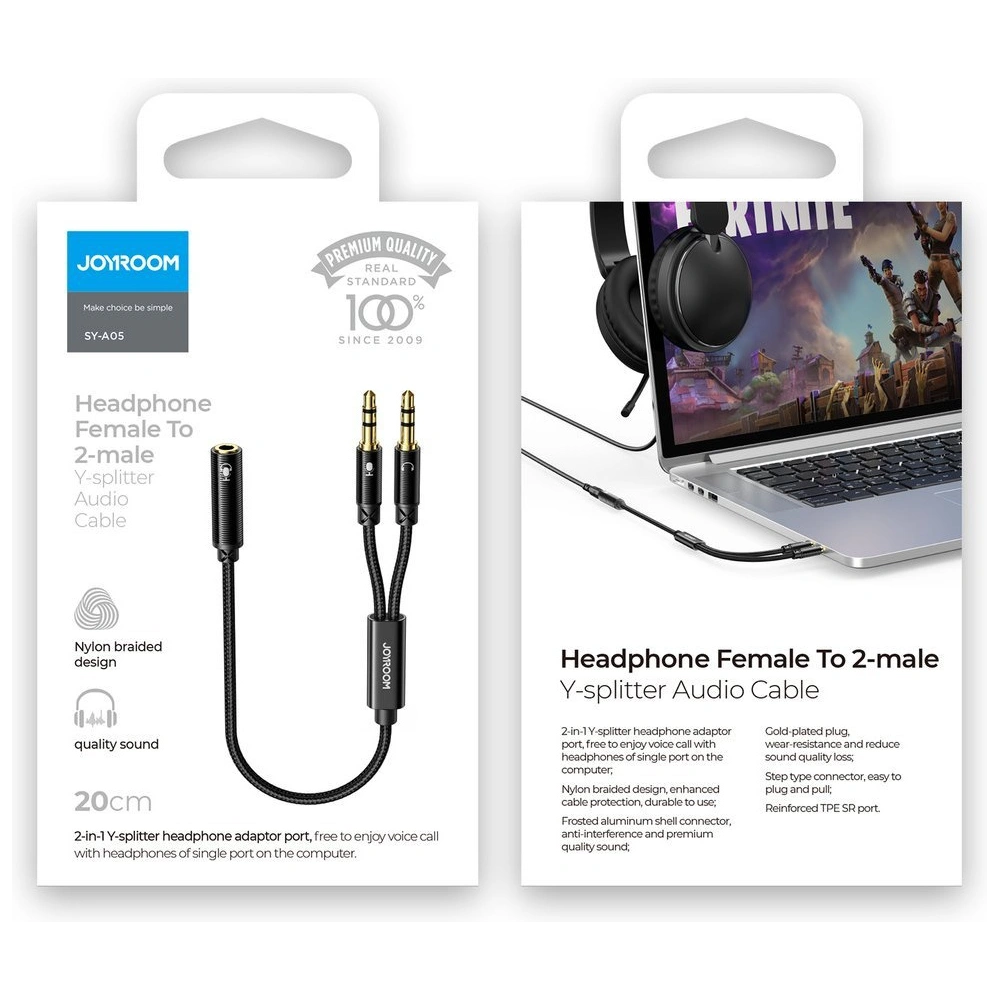 Hurtownia GSM - Kabel Joyroom AUX-Verteiler 3,5mm Mini-Jack (weiblich)/2x 3,5mm Mini-Jack (männlich - Mikrofon und Kopfhörer) 0,2m schwarz (SY-A05) - JYR252 - {ean13} - Hurt