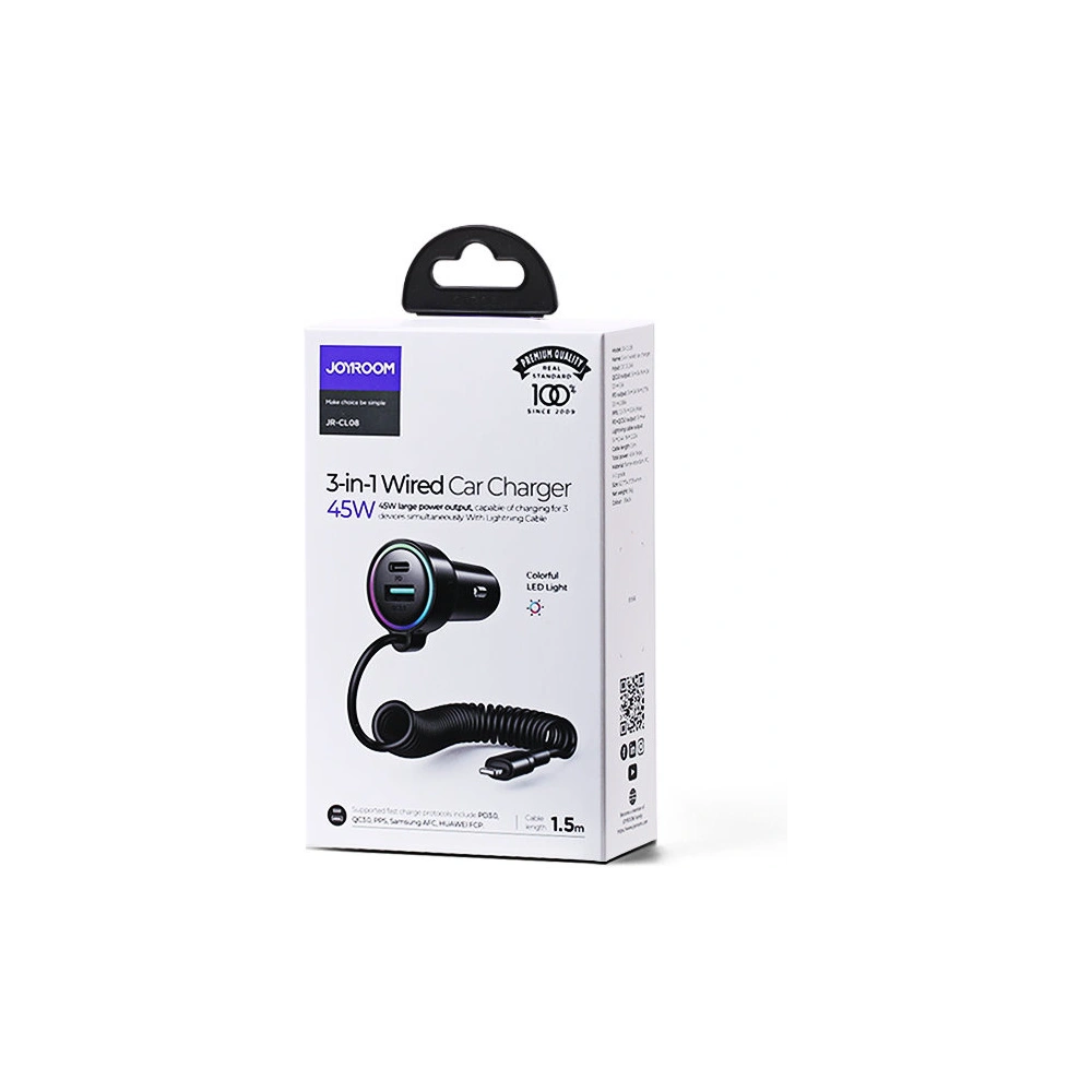 Hurtownia GSM - Autós töltő Joyroom 3w1 + 1,5 m hosszú Lightning kábel 45W fekete (JR-CL08) - JYR359 - {ean13} - Hurt
