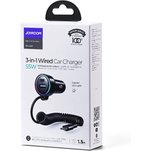 Hurtownia GSM - Autós töltő Joyroom 3w1 + 1,5m USB-C kábel 55W fekete (JR-CL07) - JYR360 - {ean13} - Hurt