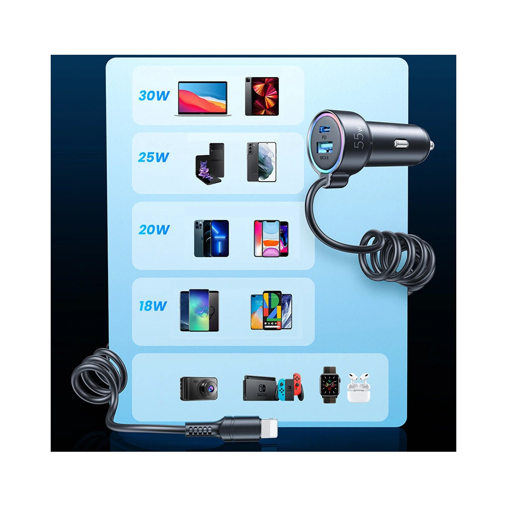 Hurtownia GSM - Încărcător auto Joyroom 3w1 + cablu USB-C 1,5m 55W negru (JR-CL07) - JYR360 - {ean13} - Hurt