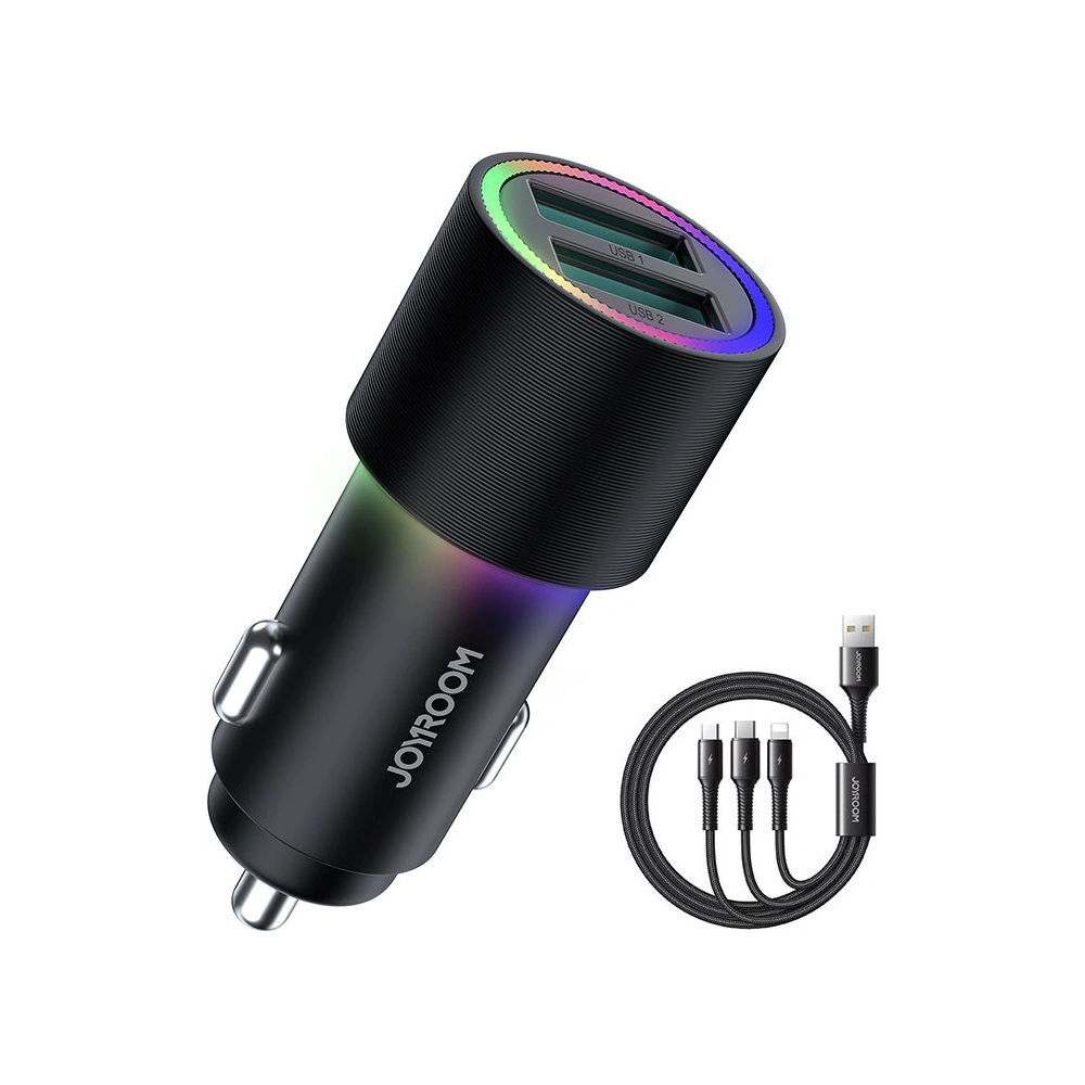 Hurtownia GSM - Autós töltő Joyroom 2xUSB 24W + kábel 3w1 USB-C/microUSB/Lightning 1,2m fekete (JR-CL10) - JYR366 - {ean13} - Hurt