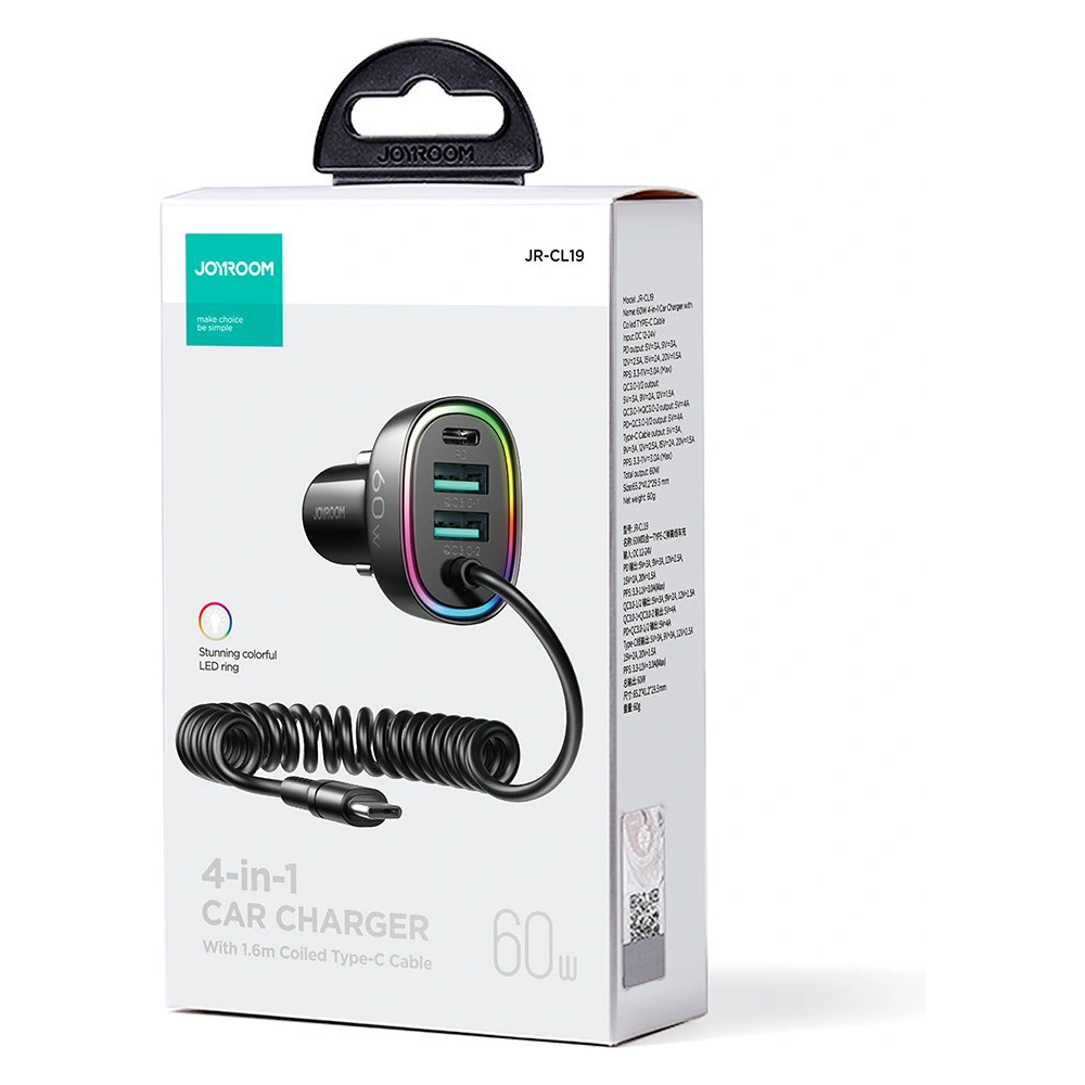 Hurtownia GSM - Auto nabíječka Joyroom 4w1 PD, QC3.0, AFC, FCP + USB-C kabel 1,6m 60W černý (JR-CL19) - JYR448 - {ean13} - Hurt