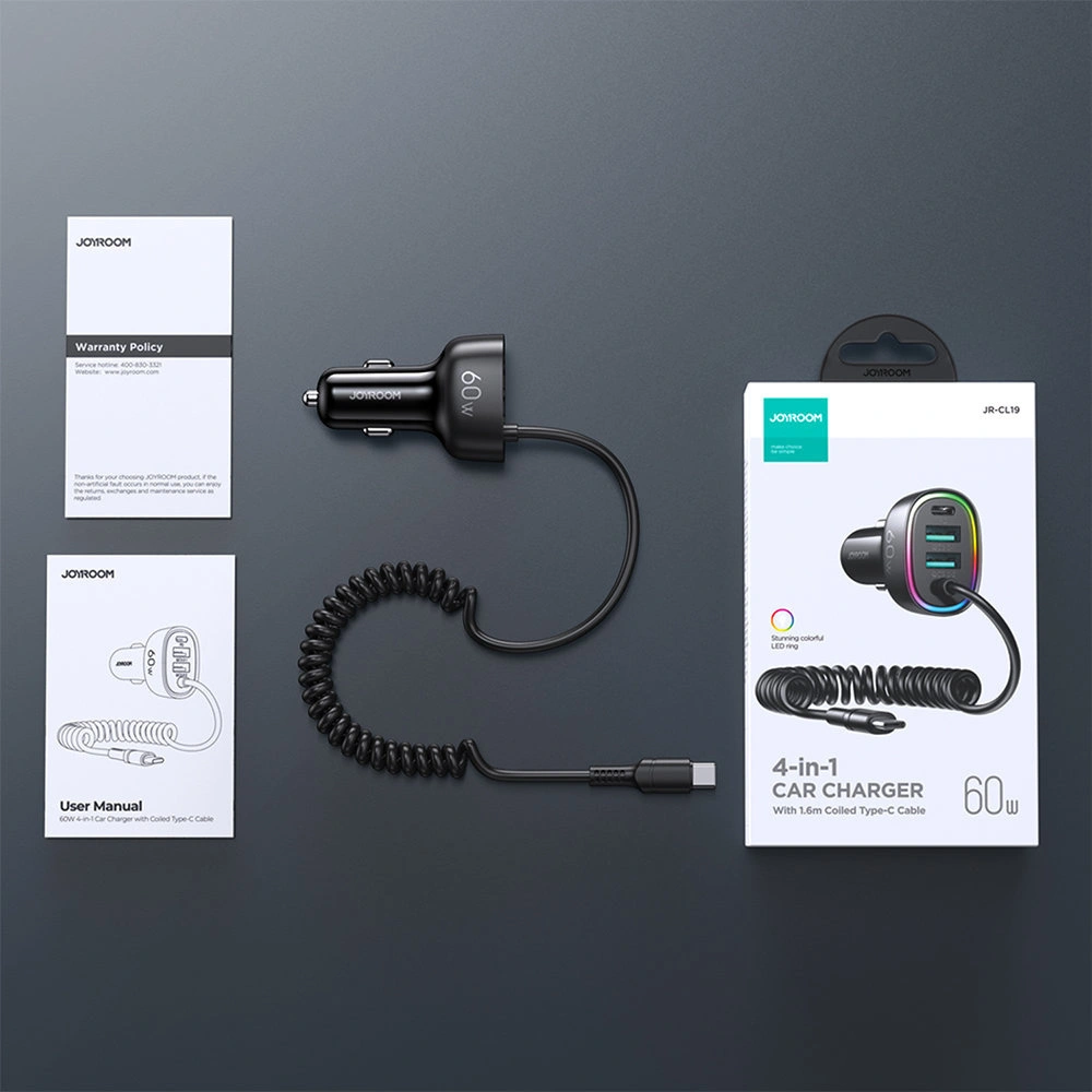 Hurtownia GSM - Auto nabíječka Joyroom 4w1 PD, QC3.0, AFC, FCP + USB-C kabel 1,6m 60W černý (JR-CL19) - JYR448 - {ean13} - Hurt