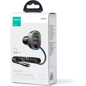 Hurtownia GSM - Autós töltő Joyroom 4w1 PD, QC3.0, AFC, FCP + 1,6m hosszú Lightning kábel 57W fekete (JR-CL20) - JYR449 - {ean13} - Hurt