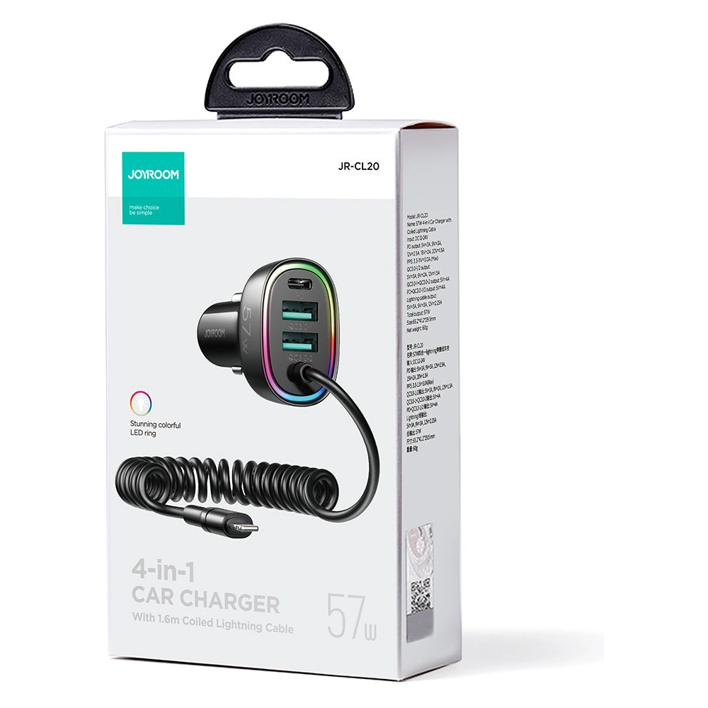Hurtownia GSM - Auto nabíječka Joyroom 4w1 PD, QC3.0, AFC, FCP + Lightning kabel 1,6m 57W černý (JR-CL20) - JYR449 - {ean13} - Hurt
