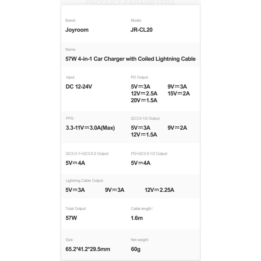 Wholesale Joyroom 4 in 1 Fast Car Charger PD, QC3.0, AFC, FCP with 1.6m 57W Lightning Cable Black (JR-CL20) - JYR449 - {ean13} - Hurt