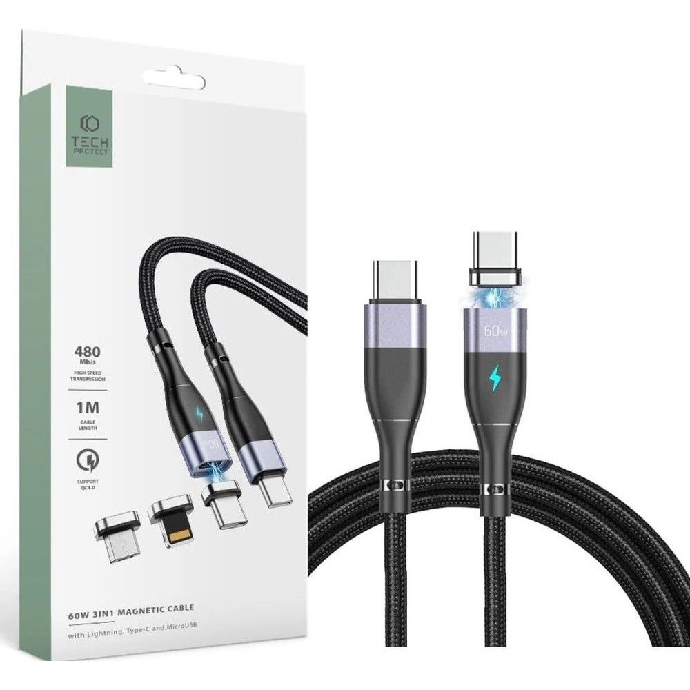 Wholesale Tech-Protect Magnetic 3in1 USB-C/USB-C-Lightning-microUSB Cable PD 60W/3A 1m Grey - THP1507 - {ean13} - Hurt