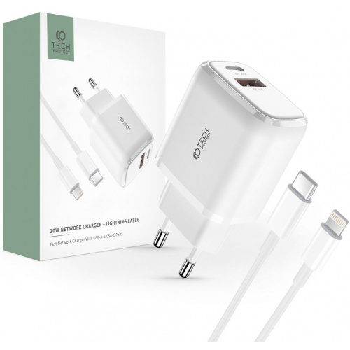 Tech-Protect Distributor - 9490713929124 - THP1535 - Tech-Protect C20w 2-port Network Charger PD 20W QC 3.0 + Lightning cable White - B2B homescreen