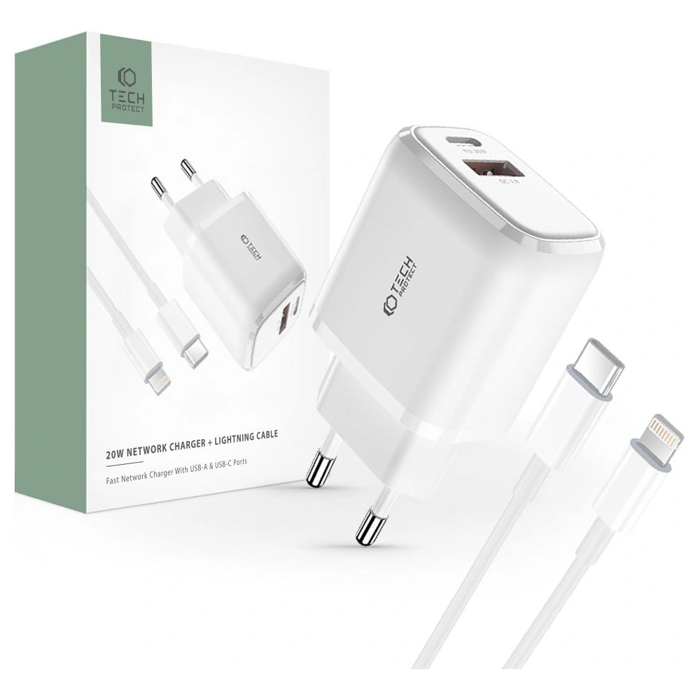 Wholesale Tech-Protect C20w 2-port Network Charger PD 20W QC 3.0 + Lightning cable White - THP1535 - {ean13} - Hurt