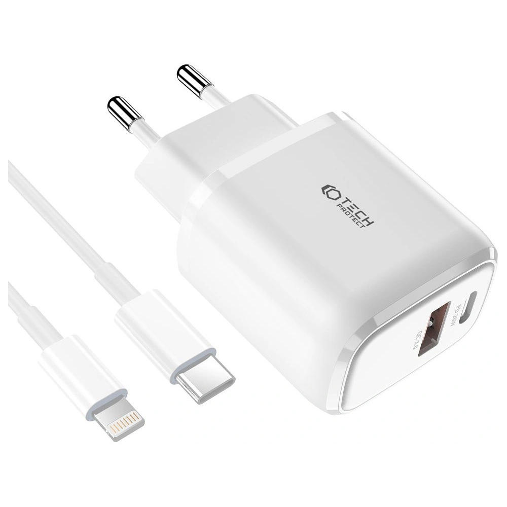 Hurtownia GSM - Ładowarka sieciowa Tech-Protect C20w 2-port Network Charger PD 20W QC 3.0 + kabel Lightning White - THP1535 - {ean13} - Hurt