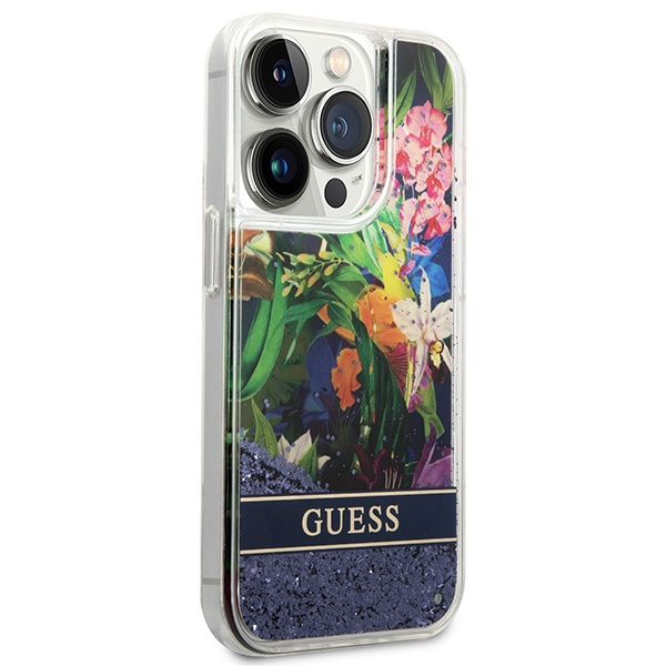 Kryt Guess GUHCP14XLFLSB Apple iPhone 14 Pro Max blue hardcase Flower Liquid Glitter