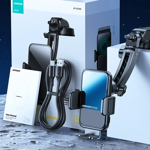 Uchwyt samochodowy automatyczny z ładowarką bezprzewodową Joyroom 15W Qi na szybę kokpit deskę czarny (JR-ZS298 dash)
