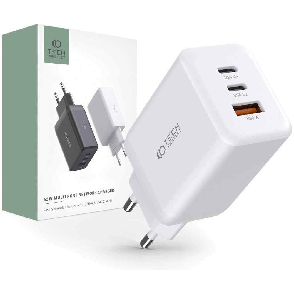 Hurtownia GSM - Încărcătorul de rețea Tech-Protect C65W Încărcător de rețea cu 3 porturi PD 65W QC 3.0 Alb - THP1543 - {ean13} - Hurt