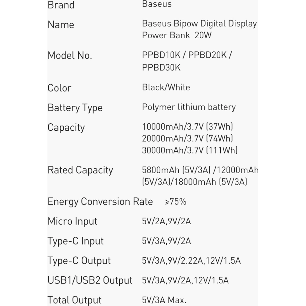 Wholesale Baseus Bipow Fast Charging Power Bank 10000mAh 20W Black (Overseas Edition) + USB-A - Micro USB 0.25m Black Cable (PPBD050301) - BSU3677 - {ean13} - Hurt