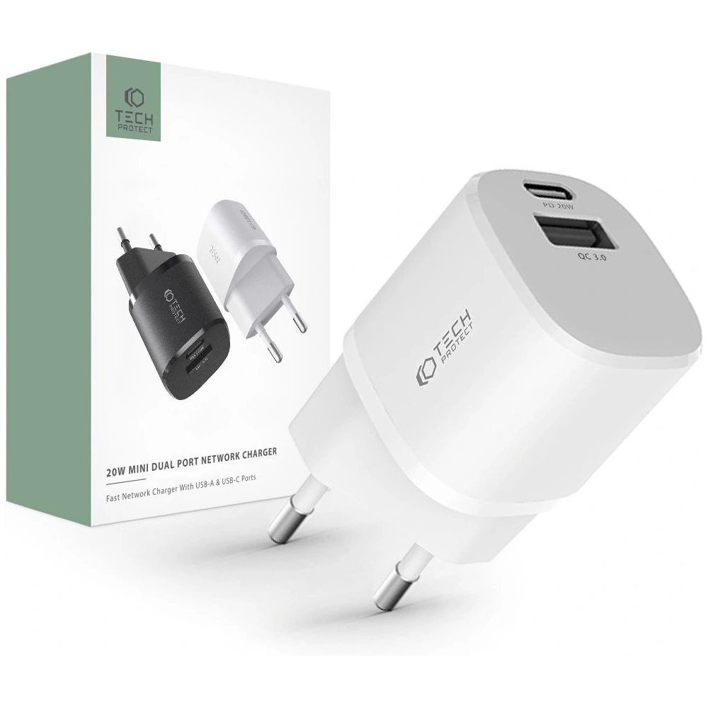 Hurtownia GSM - Ładowarka sieciowa Tech-Protect C20W Mini 2-port Network Charger PD 20W QC 3.0 White - THP1554 - {ean13} - Hurt