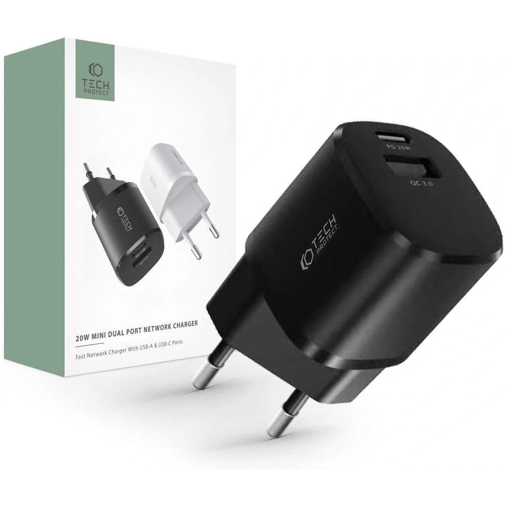 Wholesale Tech-Protect C20W Mini 2-port Network Charger PD 20W QC 3.0 Black - THP1555 - {ean13} - Hurt