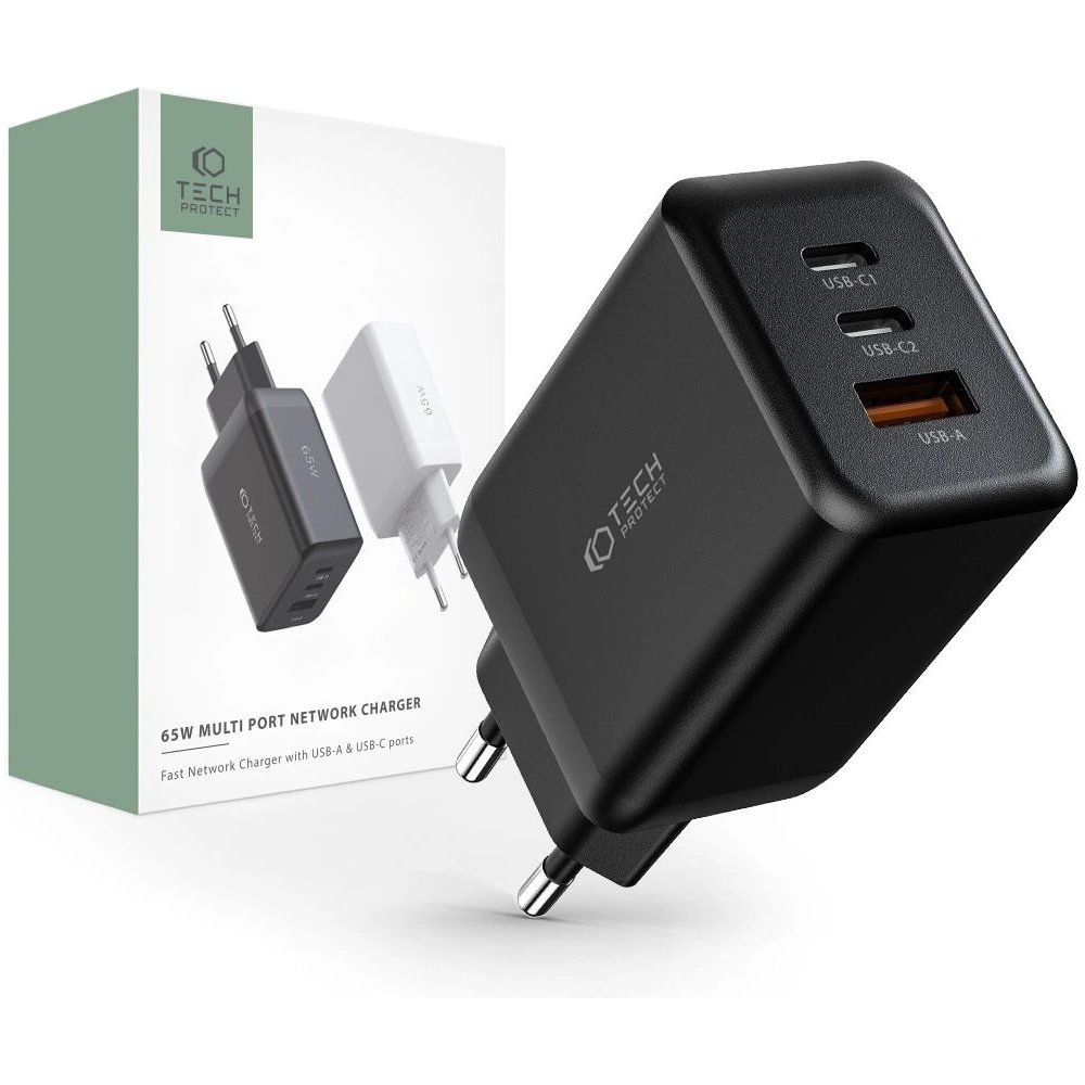 Hurtownia GSM - Netzteil Tech-Protect C65W 3-Port Netzladegerät PD 65W QC 3.0 Schwarz - THP1613 - {ean13} - Hurt